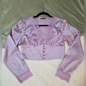Lilac Satin Croppes Blouse with Lace Trim